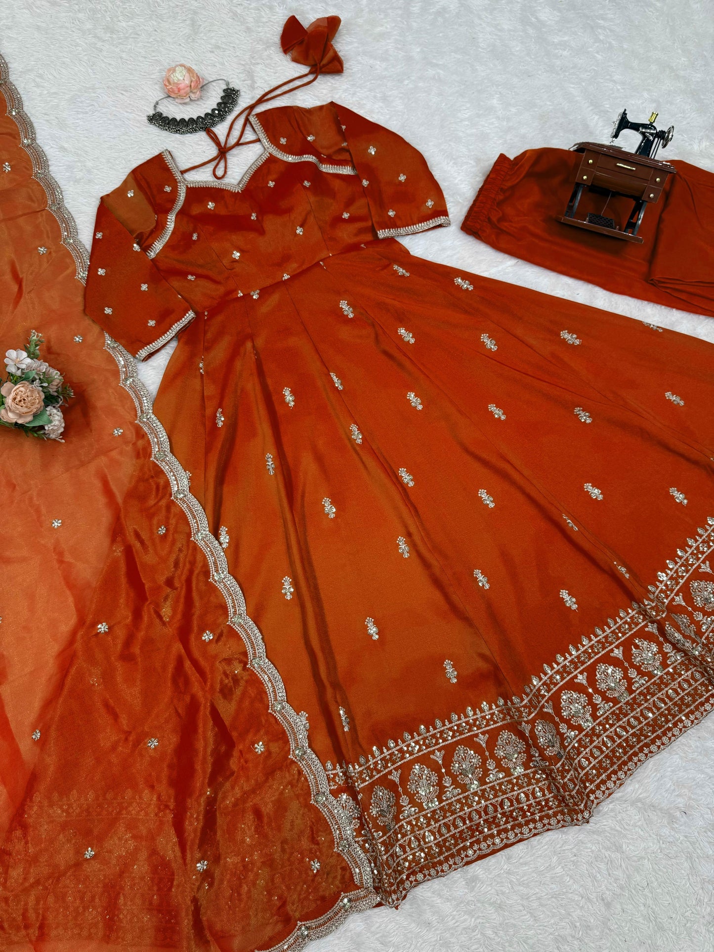 Beautiful Designer Gown on Simmer Silk febric With Inner and Thred With Sequnce work and Pent on Crep Febric and Dupatta on also Simmer Silk Febric with Thred with Sequnce work.