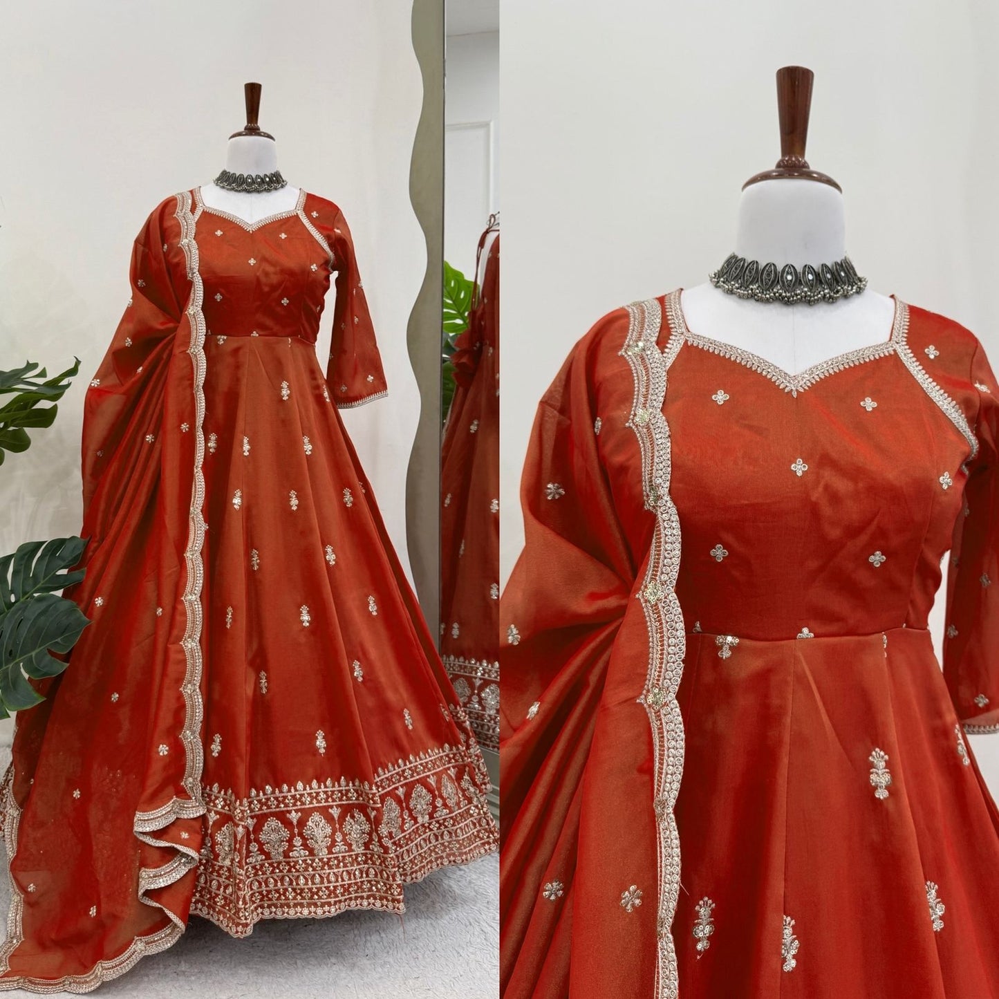 Beautiful Designer Gown on Simmer Silk febric With Inner and Thred With Sequnce work and Pent on Crep Febric and Dupatta on also Simmer Silk Febric with Thred with Sequnce work.