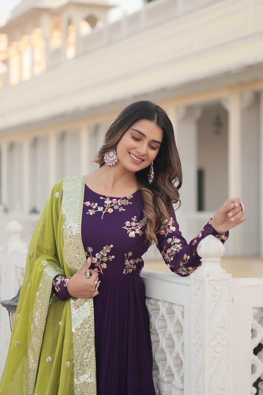 ๐๐ผ Faux Georgette Gown with Russian silk Dupatta With Adorable Embroidered thread work. ๐ฅฐ