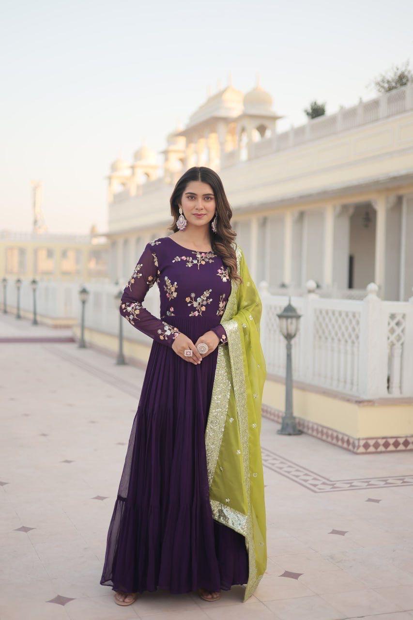 💃🏼 Faux Georgette Gown with Russian silk Dupatta With Adorable Embroidered thread work. 🥰