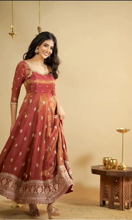 Beautiful Designer Gown on Simmer Silk febric With Inner and Thred With Sequnce work and Pent on Crep Febric and Dupatta on also Simmer Silk Febric with Thred with Sequnce work.