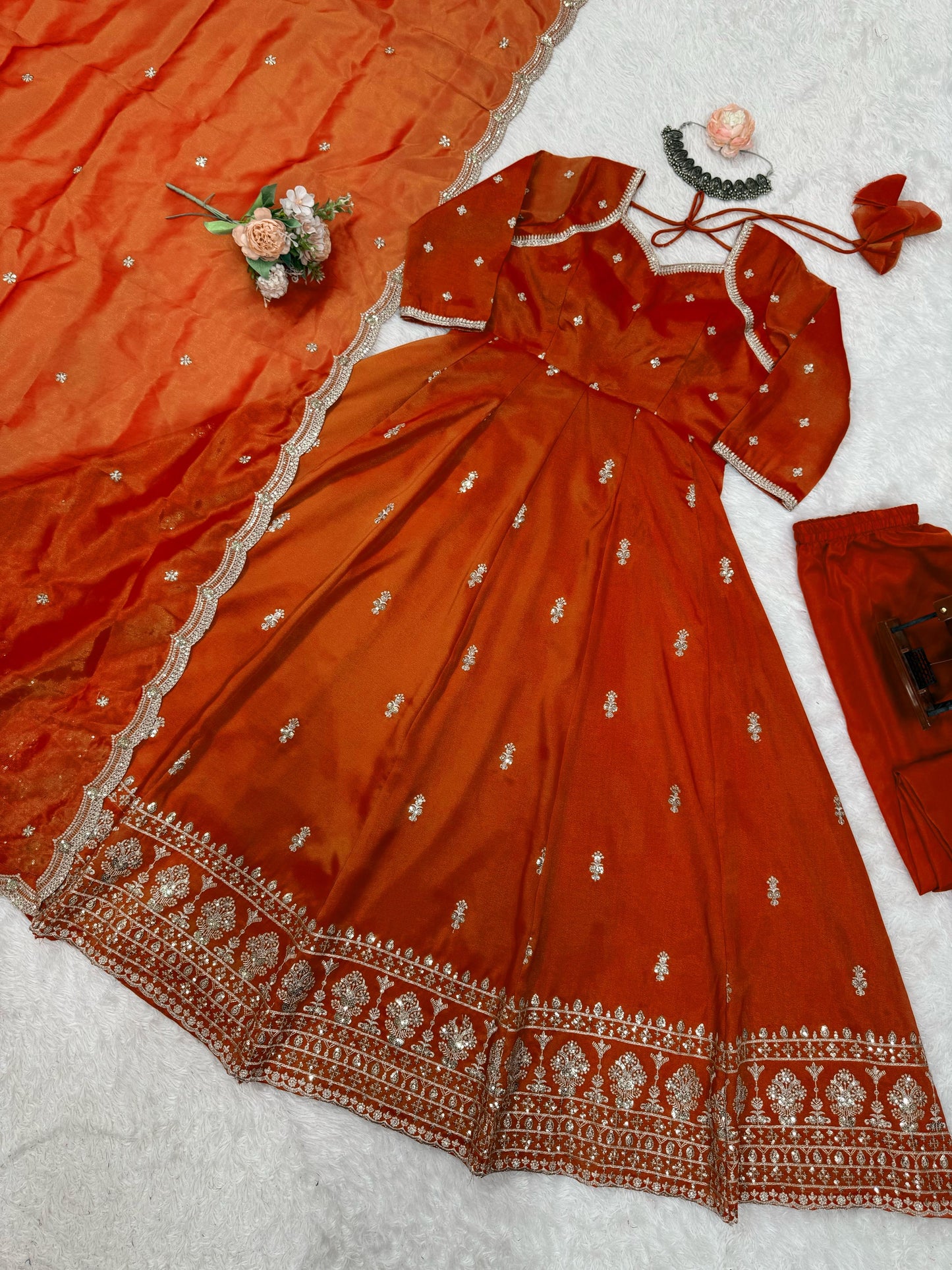 Beautiful Designer Gown on Simmer Silk febric With Inner and Thred With Sequnce work and Pent on Crep Febric and Dupatta on also Simmer Silk Febric with Thred with Sequnce work.
